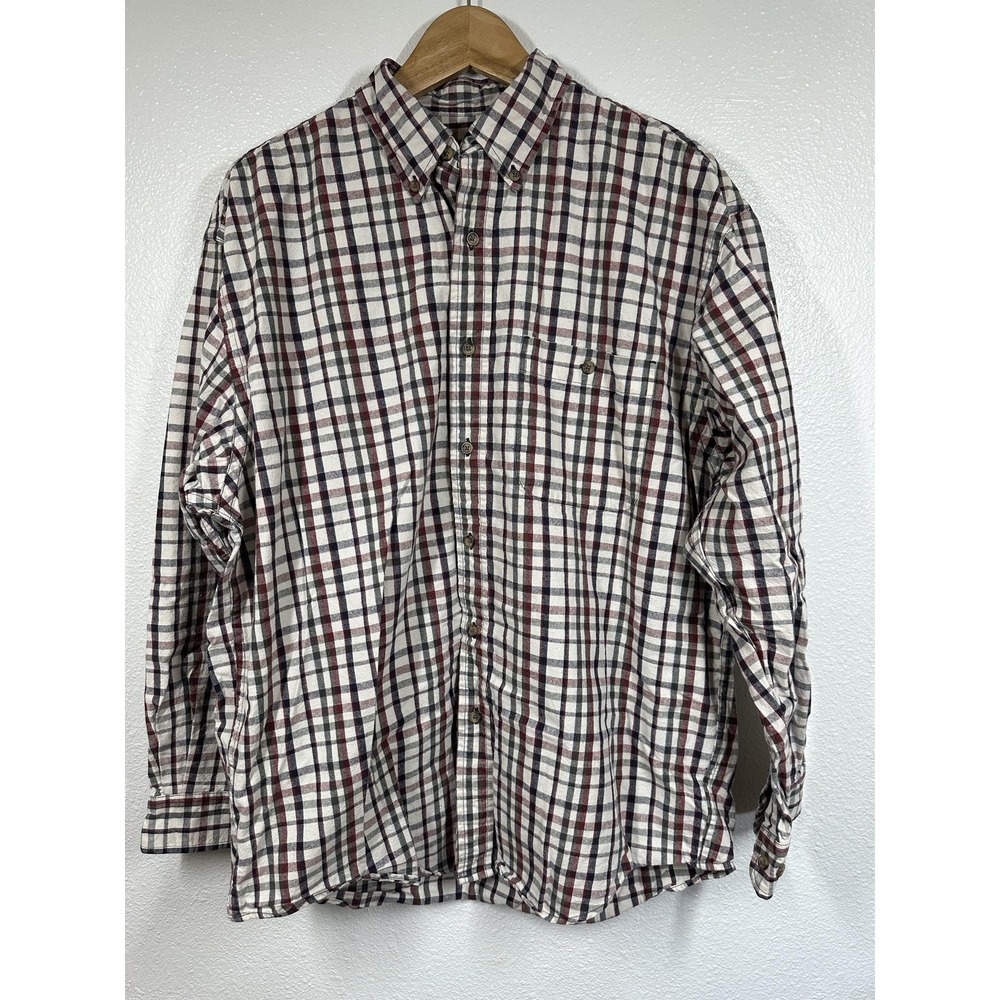 Eddie Bauer Shirt Mens Medium Red Blue Gray Plaid Button Down Long Sleeve Cotton